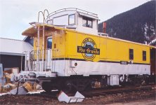 Painted in a fake Denver & Rio Grande paint and number. ATSF 999250 is located at 10th and Cement Streets in Silverton CO. Nov 2004.