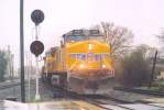 UP 6055 leads westbound hotshot at Davis CA 1/24/04